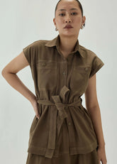 Shacket With Belt And Top Stitch Detail